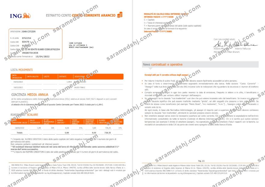 Italy ING bank statement 2 pages